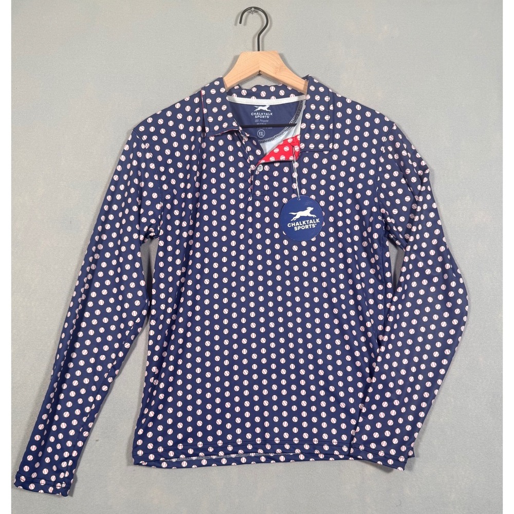 Chalktalk Sports Kids Navy Blue Baseball‎ Print Long Sleeve Polo Shirt YXL NWT